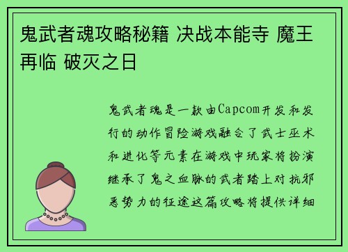 鬼武者魂攻略秘籍 决战本能寺 魔王再临 破灭之日